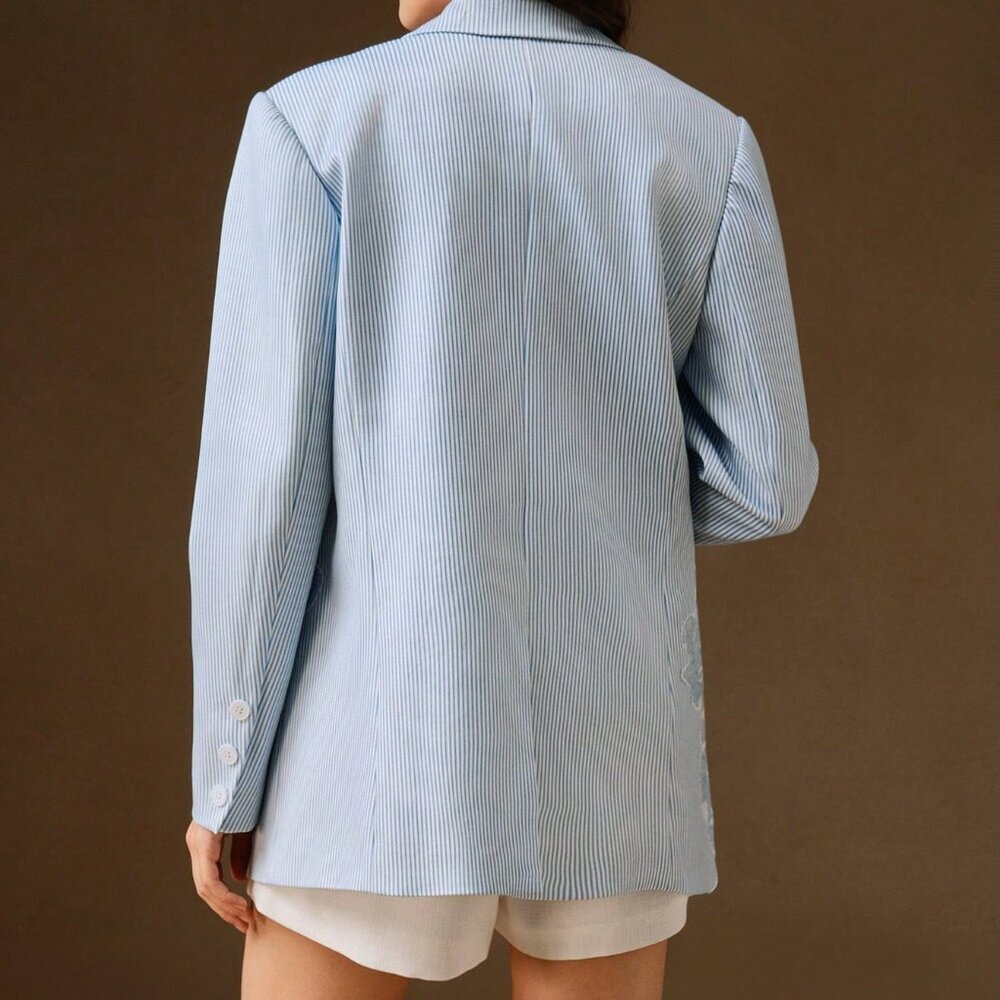 Blue And White Elegant Women's Striped Embroidery Slim Fit Blazer - Picture 2 of 8